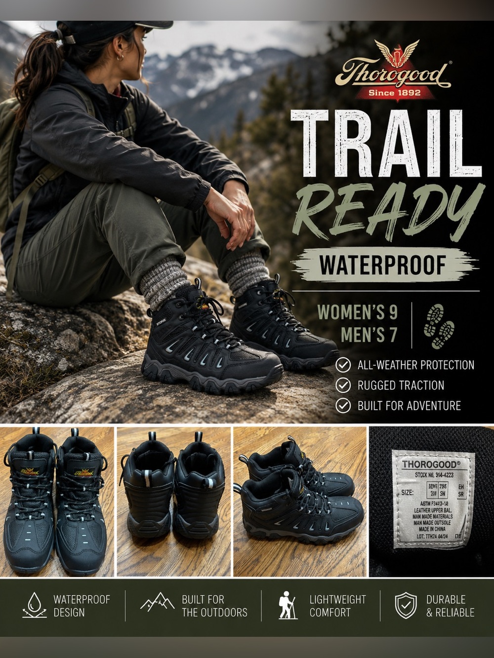 Thorogood Waterproof Hiking Boots Women’s 9 Men’s 7 Black Trail Boots Gorpcore
